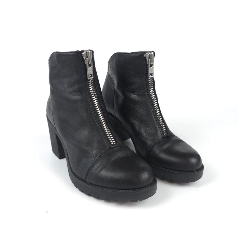 VAGABOND Front Zip Grace Ankle Boot Black Leather Lug Sole Moto Biker Grunge Y2k